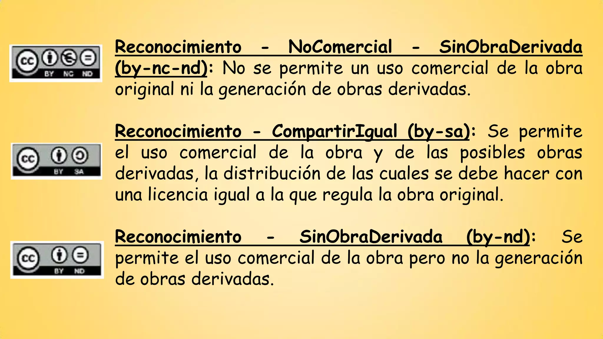 Reconocimiento-NoComercial-SinObraDerivada(by-nc-nd):Nosepermiteunusocomercialdelaobraoriginalnilageneracióndeobrasderivadas. 
Reconocimiento-CompartirIgual(by-sa):Sepermiteelusocomercialdelaobraydelasposiblesobrasderivadas,ladistribucióndelascualessedebehacerconunalicenciaigualalaqueregulalaobraoriginal. 
Reconocimiento-SinObraDerivada(by-nd):Sepermiteelusocomercialdelaobraperonolageneracióndeobrasderivadas. 