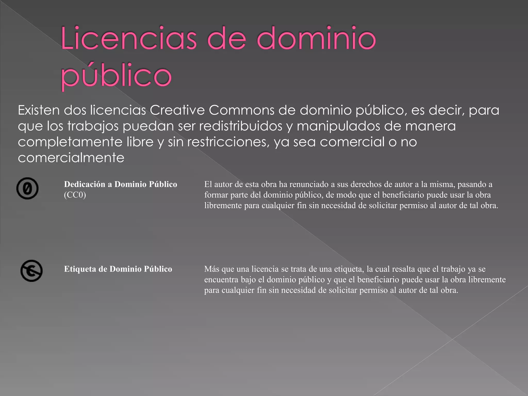 Existen dos licencias Creative Commons de dominio público, es decir, para
que los trabajos puedan ser redistribuidos y manipulados de manera
completamente libre y sin restricciones, ya sea comercial o no
comercialmente
Dedicación a Dominio Público
(CC0)
El autor de esta obra ha renunciado a sus derechos de autor a la misma, pasando a
formar parte del dominio público, de modo que el beneficiario puede usar la obra
libremente para cualquier fin sin necesidad de solicitar permiso al autor de tal obra.
Etiqueta de Dominio Público Más que una licencia se trata de una etiqueta, la cual resalta que el trabajo ya se
encuentra bajo el dominio público y que el beneficiario puede usar la obra libremente
para cualquier fin sin necesidad de solicitar permiso al autor de tal obra.
 