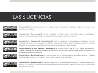 LAS 6 LICENCIAS
Reconocimiento: El material creado por un artista puede ser distribuido, copiado y exhibido por terceros si se
muestra en los créditos.
Reconocimiento - No comercial: El material creado por un artista puede ser distribuido, copiado y exhibido por
terceros si se muestra en los créditos. No se puede obtener ningún beneficio comercial.
Reconocimiento - No comercial - Compartir igual: El material creado por un artista puede ser distribuido, copiado
y exhibido por terceros si se muestra en los créditos. No se puede obtener ningún beneficio comercial y las obras
derivadas tienen que estar bajo los mismos términos de licencia que el trabajo original.
Reconocimiento - Sin obra derivada - No comercial: El material creado por un artista puede ser distribuido,
copiado y exhibido por terceros si se muestra en los créditos. No se puede obtener ningún beneficio comercial. No
se pueden realizar obras derivadas.
Reconocimiento - Sin obra derivada: El material creado por un artista puede ser distribuido, copiado y exhibido
por terceros si se muestra en los créditos. No se pueden realizar obras derivadas.
Reconocimiento - Compartir igual: El material creado por un artista puede ser distribuido, copiado y exhibido por
terceros si se muestra en los créditos. Las obras derivadas tienen que estar bajo los mismos términos de licencia
que el trabajo original.
 