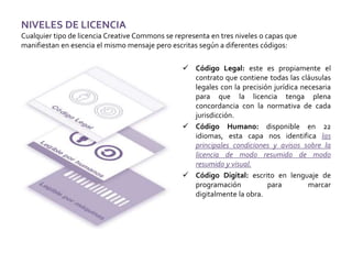 NIVELES DE LICENCIA
Cualquier tipo de licencia Creative Commons se representa en tres niveles o capas que
manifiestan en esencia el mismo mensaje pero escritas según a diferentes códigos:
 Código Legal: este es propiamente el
contrato que contiene todas las cláusulas
legales con la precisión jurídica necesaria
para que la licencia tenga plena
concordancia con la normativa de cada
jurisdicción.
 Código Humano: disponible en 22
idiomas, esta capa nos identifica las
principales condiciones y avisos sobre la
licencia de modo resumido de modo
resumido y visual.
 Código Digital: escrito en lenguaje de
programación para marcar
digitalmente la obra.
 
