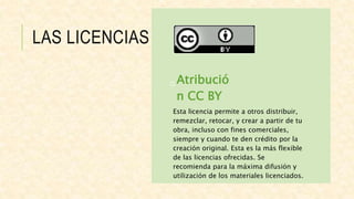 LAS LICENCIAS
Atribució
n CC BY
Esta licencia permite a otros distribuir,
remezclar, retocar, y crear a partir de tu
obra, incluso con fines comerciales,
siempre y cuando te den crédito por la
creación original. Esta es la más flexible
de las licencias ofrecidas. Se
recomienda para la máxima difusión y
utilización de los materiales licenciados.
 