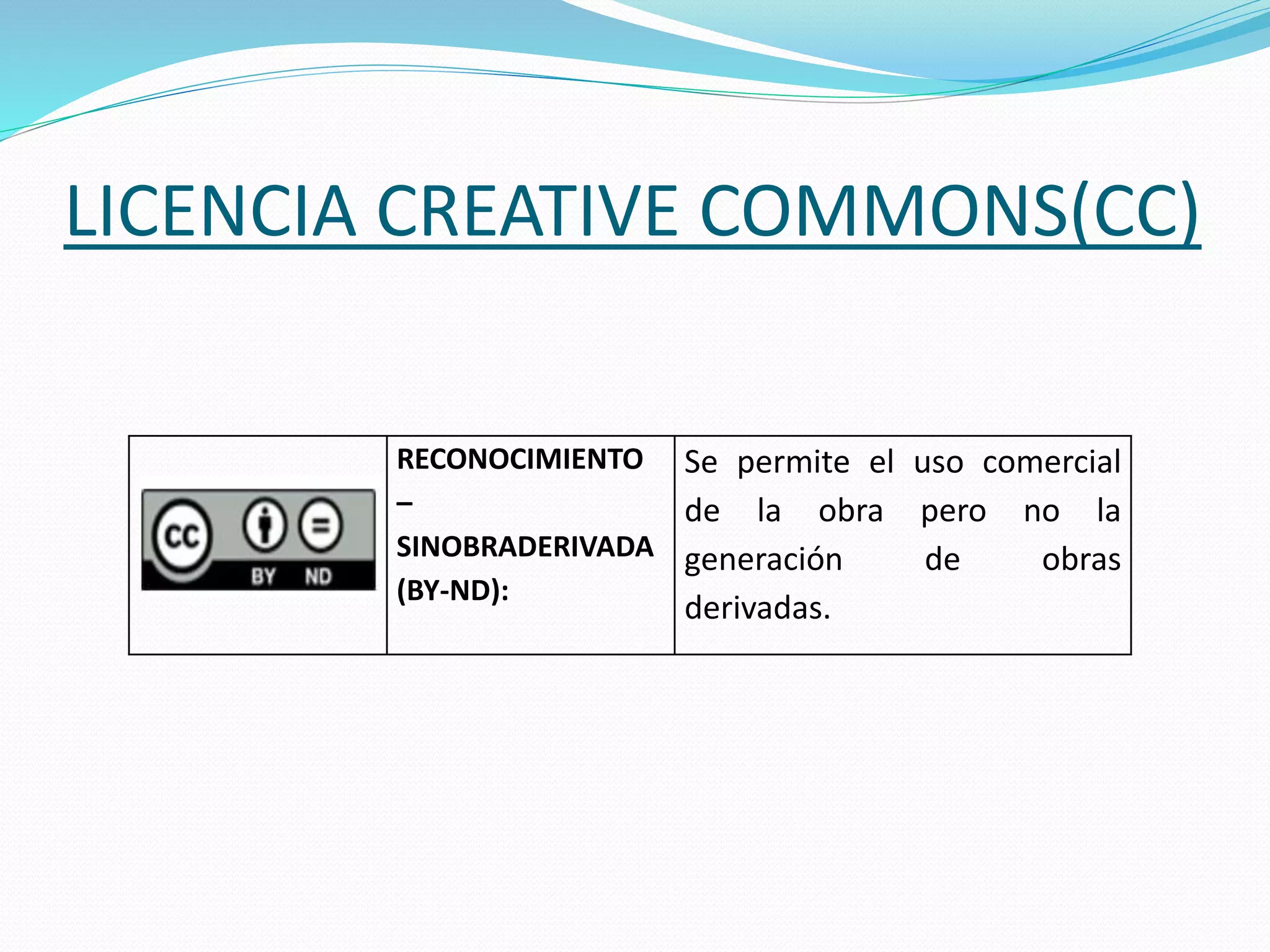 LICENCIA CREATIVE COMMONS(CC)
RECONOCIMIENTO
–
SINOBRADERIVADA
(BY-ND):
Se permite el uso comercial
de la obra pero no la
generación de obras
derivadas.
 