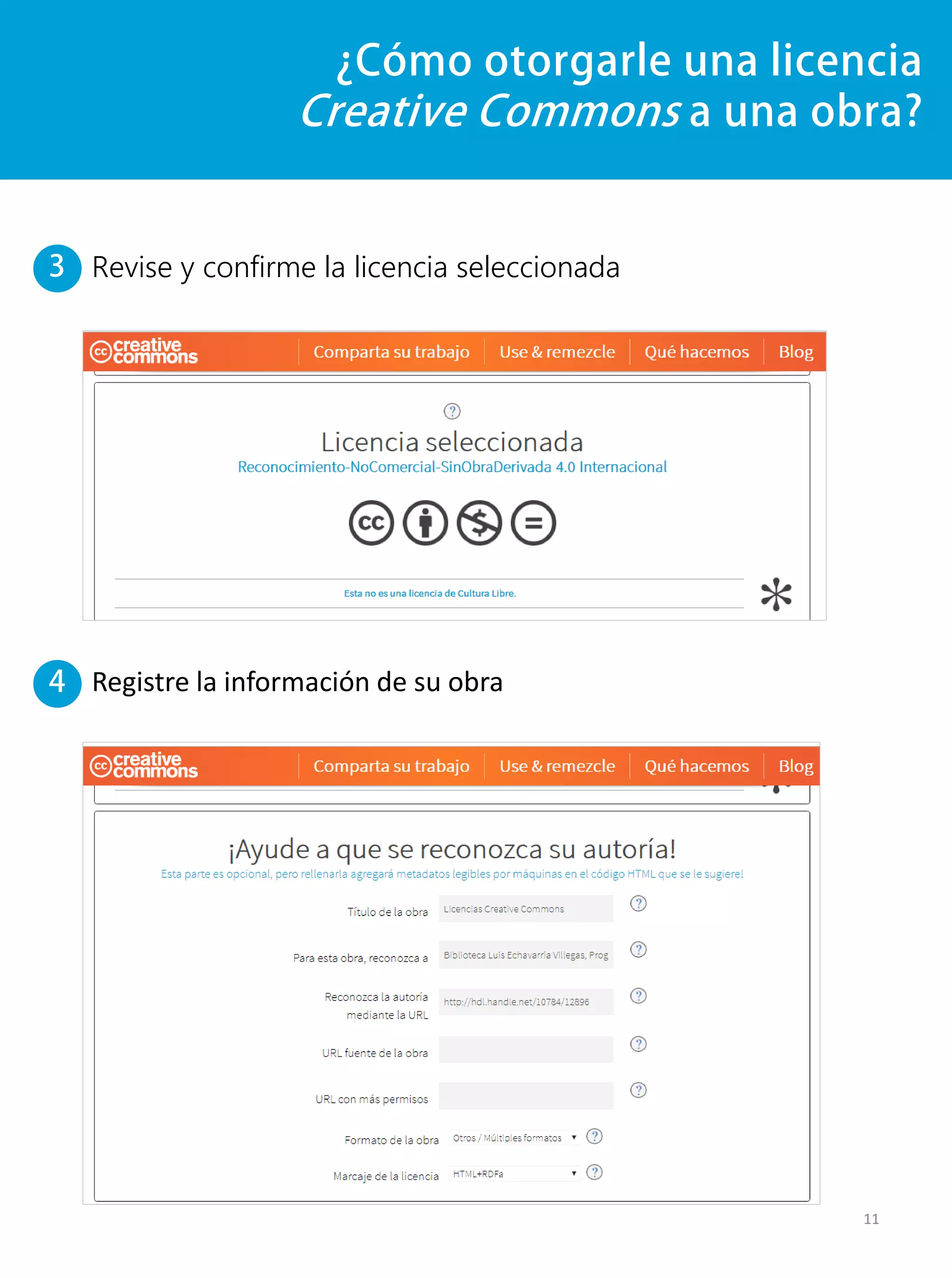 Revise y confirme la licencia seleccionada
¿Cómo otorgarle una licencia
Creative Commons a una obra?
Registre la información de su obra
11
3
4
 