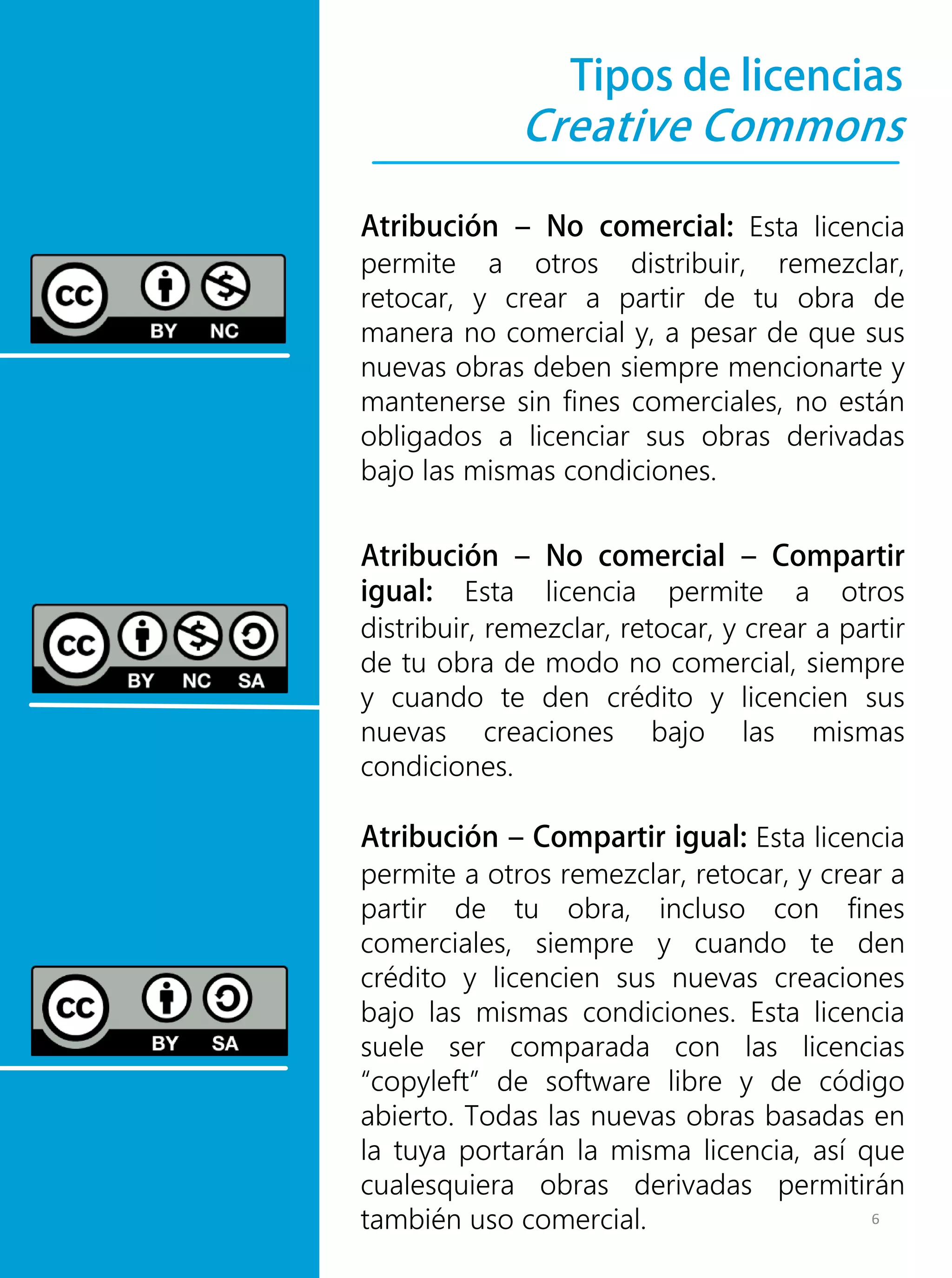 Atribución – Compartir igual: Esta licencia
permite a otros remezclar, retocar, y crear a
partir de tu obra, incluso con fines
comerciales, siempre y cuando te den
crédito y licencien sus nuevas creaciones
bajo las mismas condiciones. Esta licencia
suele ser comparada con las licencias
“copyleft” de software libre y de código
abierto. Todas las nuevas obras basadas en
la tuya portarán la misma licencia, así que
cualesquiera obras derivadas permitirán
también uso comercial.
Atribución – No comercial – Compartir
igual: Esta licencia permite a otros
distribuir, remezclar, retocar, y crear a partir
de tu obra de modo no comercial, siempre
y cuando te den crédito y licencien sus
nuevas creaciones bajo las mismas
condiciones.
Atribución – No comercial: Esta licencia
permite a otros distribuir, remezclar,
retocar, y crear a partir de tu obra de
manera no comercial y, a pesar de que sus
nuevas obras deben siempre mencionarte y
mantenerse sin fines comerciales, no están
obligados a licenciar sus obras derivadas
bajo las mismas condiciones.
Tipos de licencias
Creative Commons
6
 