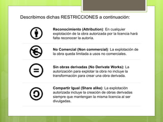 Describimos dichas RESTRICCIONES a continuación:
Reconocimiento (Attribution): En cualquier
explotación de la obra autorizada por la licencia hará
falta reconocer la autoría.
No Comercial (Non commercial): La explotación de
la obra queda limitada a usos no comerciales.
Sin obras derivadas (No Derivate Works): La
autorización para explotar la obra no incluye la
transformación para crear una obra derivada.
Compartir Igual (Share alike): La explotación
autorizada incluye la creación de obras derivadas
siempre que mantengan la misma licencia al ser
divulgadas.
 