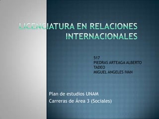 Plan de estudios UNAM
Carreras de Área 3 (Sociales)
517
PIEDRAS ARTEAGA ALBERTO
TADEO
MIGUEL ANGELES IVAN
 