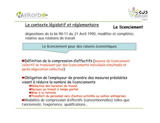 Le licenciementLe licenciement
Le contexte législatif et réglementaire
dispositions de la loi 90-11 du 21 Avril 1990, modifiée et complétée,
relative aux relations de travail
Définition de la compression d’effectifs (mesure de licenciement
collectif se traduisant par des licenciements individuels simultanés et
après négociation collective)
Obligation de l’employeur de prendre des mesures préalables
visant à réduire le nombre de licenciements
Réduction des horaires de travail
Recours au travail à temps partiel
Mise à la retraite
Transfert du personnel vers d’autres activités ou autres entreprises
Modalités de compression d’effectifs (conventionnelles) telles que
l’ancienneté, l’expérience, qualifications…
Le licenciement pour des raisons économiques
 