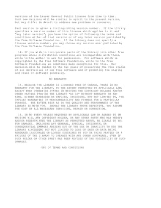 versions of the Lesser General Public License from time to time.
Such new versions will be similar in spirit to the present version,
but may differ in detail to address new problems or concerns.

Each version is given a distinguishing version number. If the Library
specifies a version number of this License which applies to it and
"any later version", you have the option of following the terms and
conditions either of that version or of any later version published by
the Free Software Foundation. If the Library does not specify a
license version number, you may choose any version ever published by
the Free Software Foundation.

  14. If you wish to incorporate parts of the Library into other free
programs whose distribution conditions are incompatible with these,
write to the author to ask for permission. For software which is
copyrighted by the Free Software Foundation, write to the Free
Software Foundation; we sometimes make exceptions for this. Our
decision will be guided by the two goals of preserving the free status
of all derivatives of our free software and of promoting the sharing
and reuse of software generally.

                     NO WARRANTY

  15. BECAUSE THE LIBRARY IS LICENSED FREE OF CHARGE, THERE IS NO
WARRANTY FOR THE LIBRARY, TO THE EXTENT PERMITTED BY APPLICABLE LAW.
EXCEPT WHEN OTHERWISE STATED IN WRITING THE COPYRIGHT HOLDERS AND/OR
OTHER PARTIES PROVIDE THE LIBRARY "AS IS" WITHOUT WARRANTY OF ANY
KIND, EITHER EXPRESSED OR IMPLIED, INCLUDING, BUT NOT LIMITED TO, THE
IMPLIED WARRANTIES OF MERCHANTABILITY AND FITNESS FOR A PARTICULAR
PURPOSE. THE ENTIRE RISK AS TO THE QUALITY AND PERFORMANCE OF THE
LIBRARY IS WITH YOU. SHOULD THE LIBRARY PROVE DEFECTIVE, YOU ASSUME
THE COST OF ALL NECESSARY SERVICING, REPAIR OR CORRECTION.

  16. IN NO EVENT UNLESS REQUIRED BY APPLICABLE LAW OR AGREED TO IN
WRITING WILL ANY COPYRIGHT HOLDER, OR ANY OTHER PARTY WHO MAY MODIFY
AND/OR REDISTRIBUTE THE LIBRARY AS PERMITTED ABOVE, BE LIABLE TO YOU
FOR DAMAGES, INCLUDING ANY GENERAL, SPECIAL, INCIDENTAL OR
CONSEQUENTIAL DAMAGES ARISING OUT OF THE USE OR INABILITY TO USE THE
LIBRARY (INCLUDING BUT NOT LIMITED TO LOSS OF DATA OR DATA BEING
RENDERED INACCURATE OR LOSSES SUSTAINED BY YOU OR THIRD PARTIES OR A
FAILURE OF THE LIBRARY TO OPERATE WITH ANY OTHER SOFTWARE), EVEN IF
SUCH HOLDER OR OTHER PARTY HAS BEEN ADVISED OF THE POSSIBILITY OF SUCH
DAMAGES.

                END OF TERMS AND CONDITIONS
 