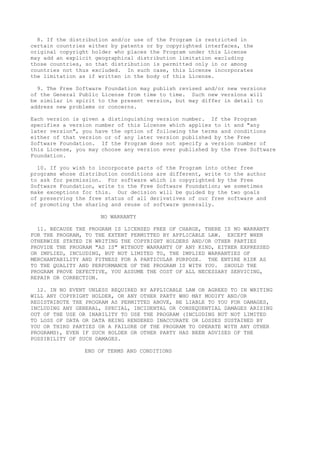 8. If the distribution and/or use of the Program is restricted in
certain countries either by patents or by copyrighted interfaces, the
original copyright holder who places the Program under this License
may add an explicit geographical distribution limitation excluding
those countries, so that distribution is permitted only in or among
countries not thus excluded. In such case, this License incorporates
the limitation as if written in the body of this License.

  9. The Free Software Foundation may publish revised and/or new versions
of the General Public License from time to time. Such new versions will
be similar in spirit to the present version, but may differ in detail to
address new problems or concerns.

Each version is given a distinguishing version number. If the Program
specifies a version number of this License which applies to it and "any
later version", you have the option of following the terms and conditions
either of that version or of any later version published by the Free
Software Foundation. If the Program does not specify a version number of
this License, you may choose any version ever published by the Free Software
Foundation.

  10. If you wish to incorporate parts of the Program into other free
programs whose distribution conditions are different, write to the author
to ask for permission. For software which is copyrighted by the Free
Software Foundation, write to the Free Software Foundation; we sometimes
make exceptions for this. Our decision will be guided by the two goals
of preserving the free status of all derivatives of our free software and
of promoting the sharing and reuse of software generally.

                     NO WARRANTY

  11. BECAUSE THE PROGRAM IS LICENSED FREE OF CHARGE, THERE IS NO WARRANTY
FOR THE PROGRAM, TO THE EXTENT PERMITTED BY APPLICABLE LAW. EXCEPT WHEN
OTHERWISE STATED IN WRITING THE COPYRIGHT HOLDERS AND/OR OTHER PARTIES
PROVIDE THE PROGRAM "AS IS" WITHOUT WARRANTY OF ANY KIND, EITHER EXPRESSED
OR IMPLIED, INCLUDING, BUT NOT LIMITED TO, THE IMPLIED WARRANTIES OF
MERCHANTABILITY AND FITNESS FOR A PARTICULAR PURPOSE. THE ENTIRE RISK AS
TO THE QUALITY AND PERFORMANCE OF THE PROGRAM IS WITH YOU. SHOULD THE
PROGRAM PROVE DEFECTIVE, YOU ASSUME THE COST OF ALL NECESSARY SERVICING,
REPAIR OR CORRECTION.

  12. IN NO EVENT UNLESS REQUIRED BY APPLICABLE LAW OR AGREED TO IN WRITING
WILL ANY COPYRIGHT HOLDER, OR ANY OTHER PARTY WHO MAY MODIFY AND/OR
REDISTRIBUTE THE PROGRAM AS PERMITTED ABOVE, BE LIABLE TO YOU FOR DAMAGES,
INCLUDING ANY GENERAL, SPECIAL, INCIDENTAL OR CONSEQUENTIAL DAMAGES ARISING
OUT OF THE USE OR INABILITY TO USE THE PROGRAM (INCLUDING BUT NOT LIMITED
TO LOSS OF DATA OR DATA BEING RENDERED INACCURATE OR LOSSES SUSTAINED BY
YOU OR THIRD PARTIES OR A FAILURE OF THE PROGRAM TO OPERATE WITH ANY OTHER
PROGRAMS), EVEN IF SUCH HOLDER OR OTHER PARTY HAS BEEN ADVISED OF THE
POSSIBILITY OF SUCH DAMAGES.

                END OF TERMS AND CONDITIONS
 
