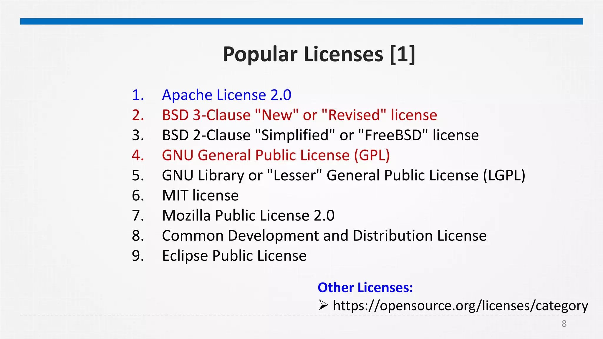 8
Popular Licenses [1]
Other Licenses:
 https://opensource.org/licenses/category
1. Apache License 2.0
2. BSD 3-Clause "New" or "Revised" license
3. BSD 2-Clause "Simplified" or "FreeBSD" license
4. GNU General Public License (GPL)
5. GNU Library or "Lesser" General Public License (LGPL)
6. MIT license
7. Mozilla Public License 2.0
8. Common Development and Distribution License
9. Eclipse Public License
 