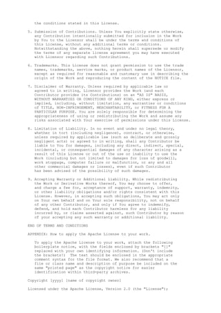 the conditions stated in this License.
5. Submission of Contributions. Unless You explicitly state otherwise,
any Contribution intentionally submitted for inclusion in the Work
by You to the Licensor shall be under the terms and conditions of
this License, without any additional terms or conditions.
Notwithstanding the above, nothing herein shall supersede or modify
the terms of any separate license agreement you may have executed
with Licensor regarding such Contributions.
6. Trademarks. This License does not grant permission to use the trade
names, trademarks, service marks, or product names of the Licensor,
except as required for reasonable and customary use in describing the
origin of the Work and reproducing the content of the NOTICE file.
7. Disclaimer of Warranty. Unless required by applicable law or
agreed to in writing, Licensor provides the Work (and each
Contributor provides its Contributions) on an "AS IS" BASIS,
WITHOUT WARRANTIES OR CONDITIONS OF ANY KIND, either express or
implied, including, without limitation, any warranties or conditions
of TITLE, NON-INFRINGEMENT, MERCHANTABILITY, or FITNESS FOR A
PARTICULAR PURPOSE. You are solely responsible for determining the
appropriateness of using or redistributing the Work and assume any
risks associated with Your exercise of permissions under this License.
8. Limitation of Liability. In no event and under no legal theory,
whether in tort (including negligence), contract, or otherwise,
unless required by applicable law (such as deliberate and grossly
negligent acts) or agreed to in writing, shall any Contributor be
liable to You for damages, including any direct, indirect, special,
incidental, or consequential damages of any character arising as a
result of this License or out of the use or inability to use the
Work (including but not limited to damages for loss of goodwill,
work stoppage, computer failure or malfunction, or any and all
other commercial damages or losses), even if such Contributor
has been advised of the possibility of such damages.
9. Accepting Warranty or Additional Liability. While redistributing
the Work or Derivative Works thereof, You may choose to offer,
and charge a fee for, acceptance of support, warranty, indemnity,
or other liability obligations and/or rights consistent with this
License. However, in accepting such obligations, You may act only
on Your own behalf and on Your sole responsibility, not on behalf
of any other Contributor, and only if You agree to indemnify,
defend, and hold each Contributor harmless for any liability
incurred by, or claims asserted against, such Contributor by reason
of your accepting any such warranty or additional liability.
END OF TERMS AND CONDITIONS
APPENDIX: How to apply the Apache License to your work.
To apply the Apache License to your work, attach the following
boilerplate notice, with the fields enclosed by brackets "[]"
replaced with your own identifying information. (Don't include
the brackets!) The text should be enclosed in the appropriate
comment syntax for the file format. We also recommend that a
file or class name and description of purpose be included on the
same "printed page" as the copyright notice for easier
identification within third-party archives.
Copyright [yyyy] [name of copyright owner]
Licensed under the Apache License, Version 2.0 (the "License");
 