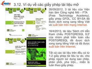 3.12. Ví dụ về các giấy phép tài liệu mở
26/09/2012, 3 tài liệu của Viện
hàn lâm Công nghệ Mở - FTA
(Free Technology Academy),
giấy phép GFDL, CC BY-SA đã
được dịch xong sang tiếng Việt
và xuất bản trên mạng Internet.
16/4/2013, tài liệu 'Sách chỉ dẫn
tham chiếu POSTGRESQL 9.0'
của nhóm phát triển toàn cầu
POSTGRESQL đã được dịch
xong sang tiếng Việt và đã được
xuất bản trên Internet.
Tất cả các tài liệu trên đều có từ
1-2 giấy phép tài liệu tự do, cho
phép người sử dụng sao chép,
phân phối, pha trộn... miễn là
tuân theo giấy phép.
 