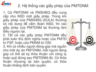 2. Hệ thống các giấy phép của PMTDNM
1. Cả PMTDNM và PMSHĐQ đều cung
cấp cho NSD một giấy phép. Trong khi
giấy phép của PMSHĐQ (EULA) thường
có nội dung để cấm đoán NSD, thì các
giấy phép của PMTDNM lại thường làm
điều ngược lại.
2. Tất cả các giấy phép PMTDNM đều
phải tuân thủ định nghĩa hoặc của PMTD
từ FSF, hoặc của PMNM từ OSI.
3. Khi có nhiều người đóng góp mã nguồn
cho một dự án PMTDNM, mỗi người đóng
góp có thể sẽ ký thỏa thuận với công ty
hoặc quỹ đứng sau PMTDNM đó. Có thỏa
thuận nhượng lại bản quyền, có thỏa
thuận khẳng định bản quyền.
 