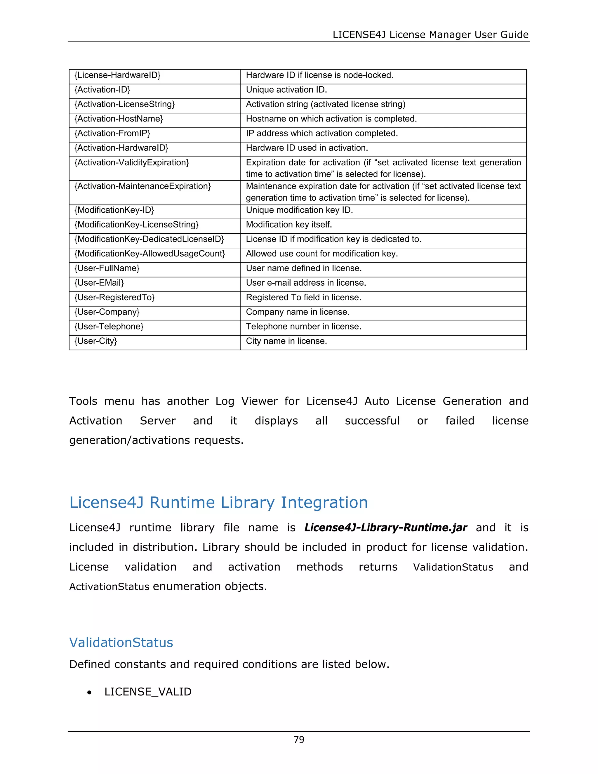LICENSE4J License Manager User Guide
{License-HardwareID} Hardware ID if license is node-locked.
{Activation-ID} Unique activation ID.
{Activation-LicenseString} Activation string (activated license string)
{Activation-HostName} Hostname on which activation is completed.
{Activation-FromIP} IP address which activation completed.
{Activation-HardwareID} Hardware ID used in activation.
{Activation-ValidityExpiration} Expiration date for activation (if “set activated license text generation
time to activation time” is selected for license).
{Activation-MaintenanceExpiration} Maintenance expiration date for activation (if “set activated license text
generation time to activation time” is selected for license).
{ModificationKey-ID} Unique modification key ID.
{ModificationKey-LicenseString} Modification key itself.
{ModificationKey-DedicatedLicenseID} License ID if modification key is dedicated to.
{ModificationKey-AllowedUsageCount} Allowed use count for modification key.
{User-FullName} User name defined in license.
{User-EMail} User e-mail address in license.
{User-RegisteredTo} Registered To field in license.
{User-Company} Company name in license.
{User-Telephone} Telephone number in license.
{User-City} City name in license.
Tools menu has another Log Viewer for License4J Auto License Generation and
Activation Server and it displays all successful or failed license
generation/activations requests.
License4J Runtime Library Integration
License4J runtime library file name is License4J-Library-Runtime.jar and it is
included in distribution. Library should be included in product for license validation.
License validation and activation methods returns ValidationStatus and
ActivationStatus enumeration objects.
ValidationStatus
Defined constants and required conditions are listed below.
• LICENSE_VALID
79
 