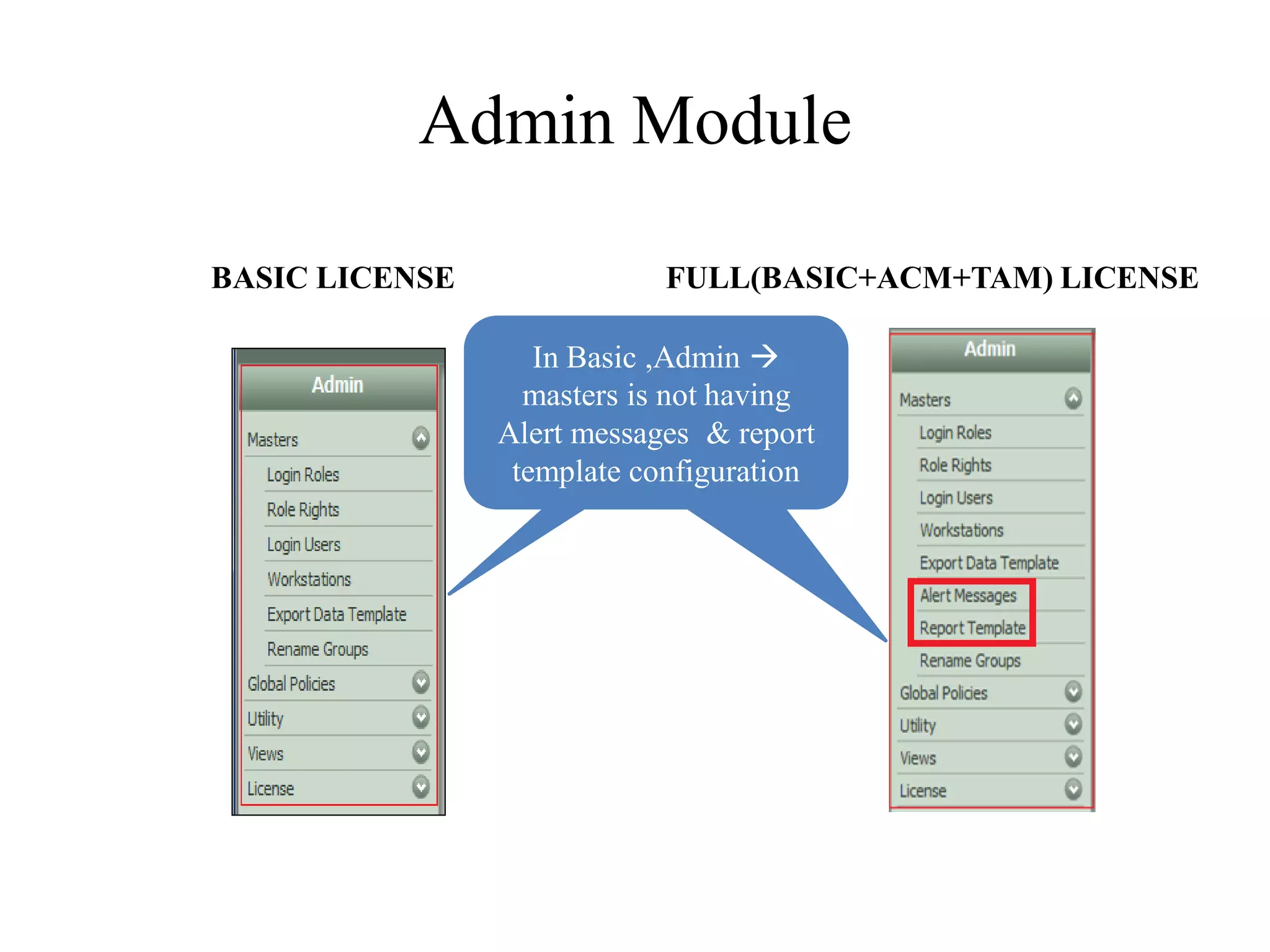 Admin Module

BASIC LICENSE               FULL(BASIC+ACM+TAM) LICENSE

                   In Basic ,Admin 
                  masters is not having
                Alert messages & report
                 template configuration
 