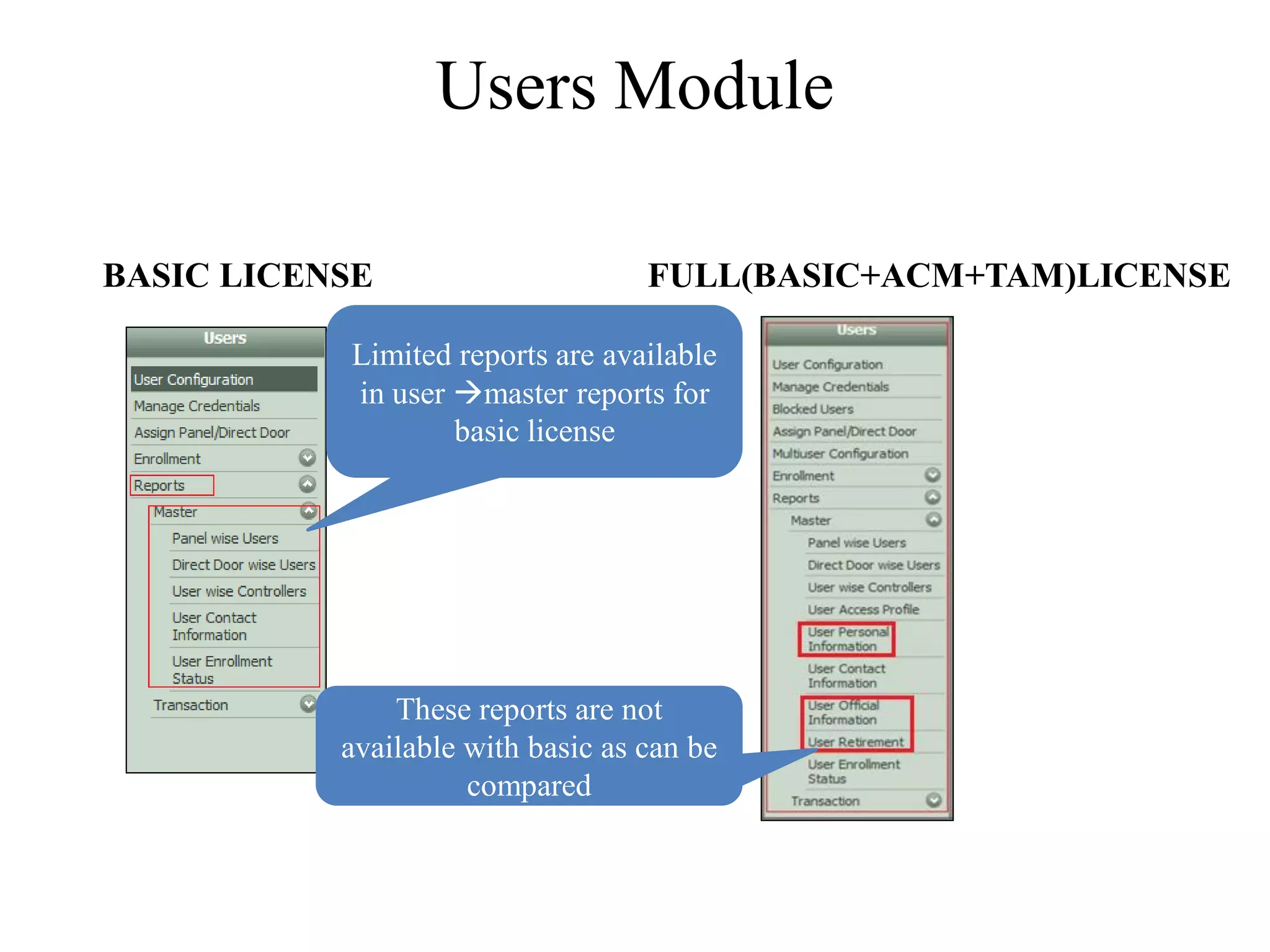 Users Module

BASIC LICENSE                      FULL(BASIC+ACM+TAM)LICENSE

           Limited reports are available
           in user master reports for
                   basic license




               These reports are not
           available with basic as can be
                     compared
 