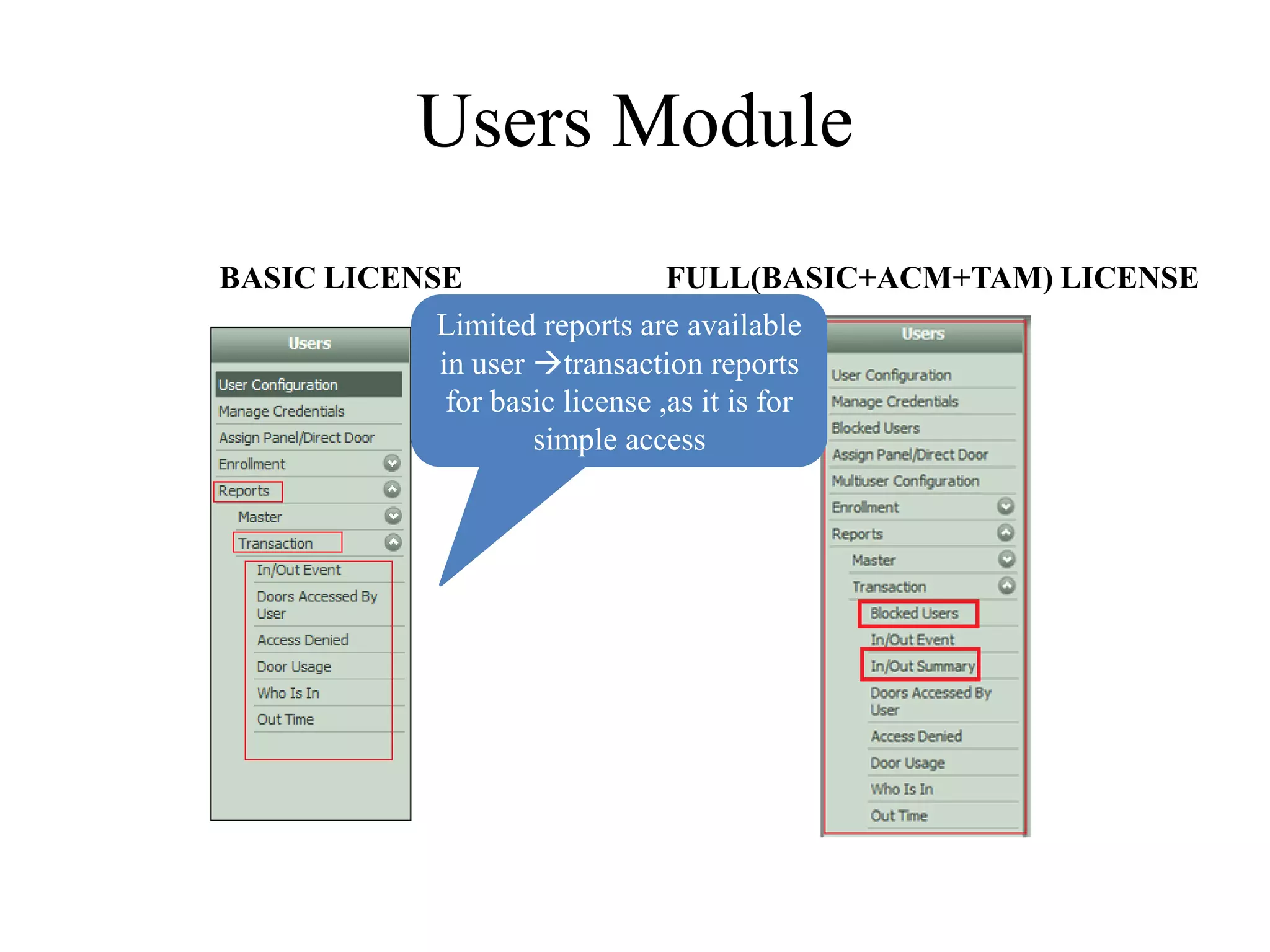 Users Module
BASIC LICENSE                   FULL(BASIC+ACM+TAM) LICENSE
            Limited reports are available
            in user transaction reports
             for basic license ,as it is for
                    simple access
 