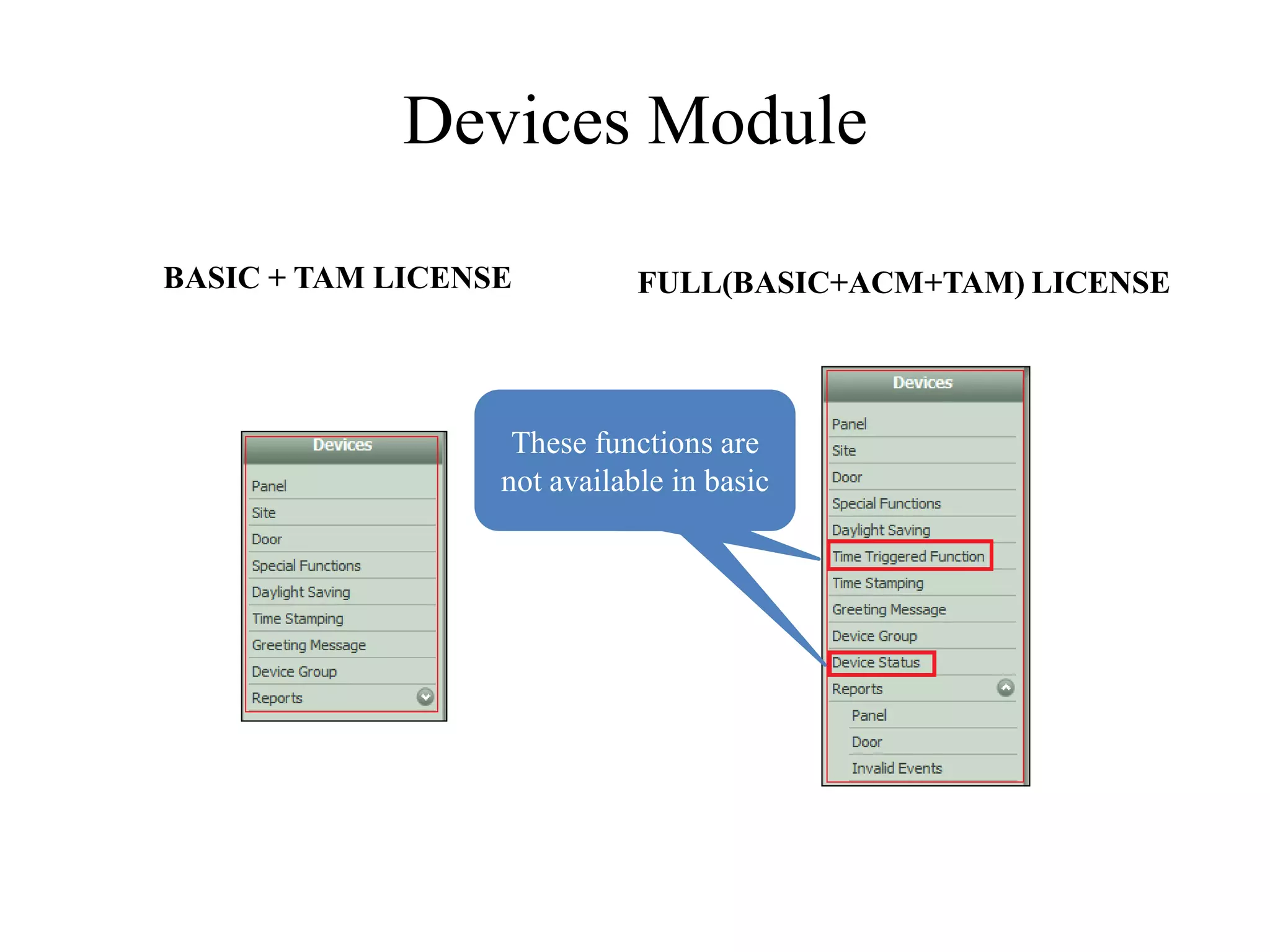 Devices Module

BASIC + TAM LICENSE          FULL(BASIC+ACM+TAM) LICENSE




                   These functions are
                  not available in basic
 