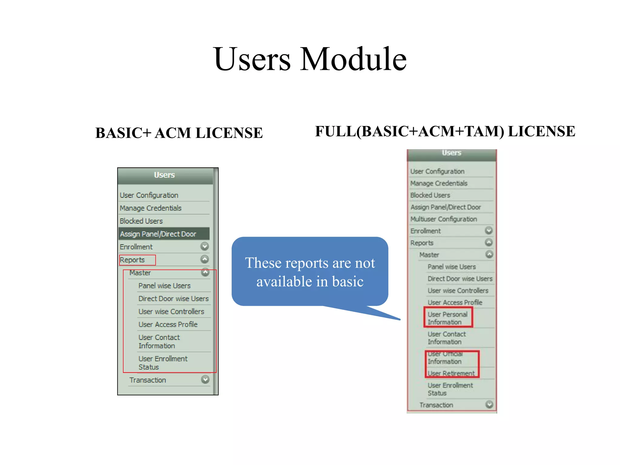 Users Module
BASIC+ ACM LICENSE         FULL(BASIC+ACM+TAM) LICENSE




                These reports are not
                 available in basic
 