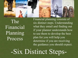 The Financial Planning Process Financial planning consists of six distinct steps. Understanding what they entail and finding out if your planner understands how to use them to develop the best plan for you will help you determine if you are receiving the guidance you should expect.   -Six Distinct Steps- 