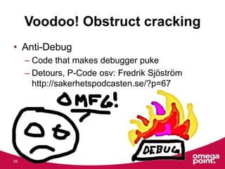 Voodoo! Obstruct cracking
• Anti-Debug
– Code that makes debugger puke
– Detours, P-Code osv: Fredrik Sjöström
http://sake...