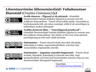 DATASUPPORTOPEN
Litsentseerimise lähenemisviisid: Vabakasutuse
litsentsid (Creative Commons) (1)
Avalik domeen – Õigused ei ole piiratud– võimaldab
litsentseerijatel loobuda kõikidest õigustest ja suunata oma töö
avalikesse domeenidesse. Teised võivad vabalt rajada, suurendada ja
korduvkasutada töid, mis tahes eesmärgil, millel ei ole autoriõiguse ja
andmebaasi seaduse piiranguid.
Slide 18
Omistamine – Teised võivad levitada sinu tööd, ühendada,
kohendada ja viidata, isegi kaubanduslikult, seni kuni sind
tunnustatakse originaalseks autoriks.
Omistamine – Jagamine samadel tingimustel – Teised võivad
levitada, ühendada, kohendada ja rajaneda sinu tööle, isegi
kaubanduslikult, seni kuni sind tunnustatakse autorina ning uus sisu
litsentseeritakse ühesugustel tingimustel.
Vaata lisaks:
http://creativecommons.org/licenses/
Avaliku domeeni tähis – “Autoriõigused puuduvad”–
võimaldab litsentseerijatel loobuda kõikidest õigustest ja suunata oma
töö avalikesse domeenidesse. See näitab, et töö ei ole enam piiratud
autoriõigustega ja seda saab vabalt kasutada.
 