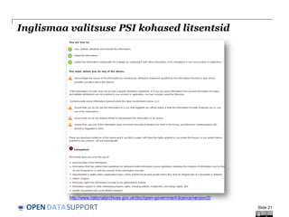 DATASUPPORTOPEN
Inglismaa valitsuse PSI kohased litsentsid
Slide 21
http://www.nationalarchives.gov.uk/doc/open-government-licence/version/2/
 