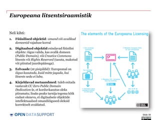 DATASUPPORTOPEN
Europeana litsentsiraamistik
Neli kihti:
1. Füüsilised objektid: omand või avalikud
domeenid vajaduse korral
2. Digitaalsed objektid esindavad füüsilisi
objekte: õigus valida, kas avalik domeen
(Public Domain), või Creative Commons
litsents või Rights Reserved (tasuta, makstud
või piiratud juurdepääsuga).
3. Eelvaade (nt pisipildid): Europeanal on
õigus kasutada, kuid mitte jagada, kui
litsents seda ei luba.
4. Kirjeldavad metaandmed: tuleb esitada
vastavalt CC Zero Public Domain
Dedication-le, et korduvkasutus oleks
piiramatu; lisaks peaks tarnija tegema kõik
endast oleneva, et digitaalsete objektide
intellektuaalsed omandiõigused oleksid
korrektselt avaldatud.
Slide 39
 