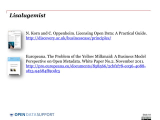 DATASUPPORTOPEN
Lisalugemist
N. Korn and C. Oppenheim. Licensing Open Data: A Practical Guide.
http://discovery.ac.uk/businesscase/principles/
Europeana. The Problem of the Yellow Milkmaid: A Business Model
Perspective on Open Metadata. White Paper No.2. November 2011.
http://pro.europeana.eu/documents/858566/2cbf1f78-e036-4088-
af25-94684ff90dc5
Slide 44
 