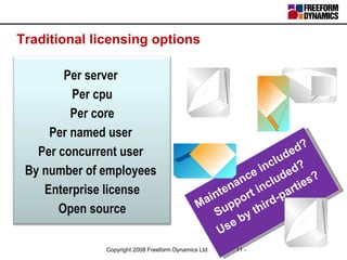 Traditional licensing options Maintenance included? Support included? Use by third-parties? Per server  Per cpu Per core P...