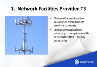 1.  Network	
  Facili?es	
  Provider-­‐T3	
  
•  Change	
  of	
  administra)ve	
  
boundaries	
  from	
  district/
province	
  to	
  county	
  
•  Change	
  of	
  geographical	
  
boundary	
  in	
  compliance	
  with	
  
new	
  cons)tu)on	
  –	
  county	
  
boundaries	
  
 