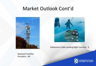 Market	
  Outlook	
  Cont’d	
  
Network	
  Facili)es	
  
Providers	
  -­‐	
  44	
  
Submarine	
  Cable	
  Landing	
  Right	
  Licences	
  -­‐	
  3	
  
 