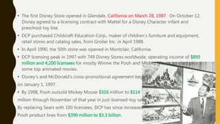 • The first Disney Store opened in Glendale, California on March 28, 1987. On October 12,
Disney agreed to a licensing contract with Mattel for a Disney Character infant and
preschool toy line.
• DCP purchased Childcraft Education Corp., maker of children's furniture and equipment,
retail stores and catalog sales, from Grolier Inc. in April 1988.
• In April 1990, the 50th store was opened in Montclair, California.
• DCP licensing peak in 1997 with 749 Disney Stores worldwide, operating income of $893
million and 4,200 licensees for mostly Winnie the Pooh and Mickey Mouse product plus
some top animated movies.
• Disney's and McDonald's cross-promotional agreement began
on January 1, 1997.
• By 1998, Pooh outsold Mickey Mouse $316 million to $114
million through November of that year in just-licensed-toy sales.
By replacing Sears with 100 licensees, DCP has since increased
Pooh product lines from $390 million to $3.3 billion.
 
