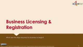 Business Licensing &
Registration
What are the steps required for business to begin?
Business Licensing & Registration by Illinois workNet is licensed under a Creative Commons Attribution-NonCommercial 4.0 International License. 1
 