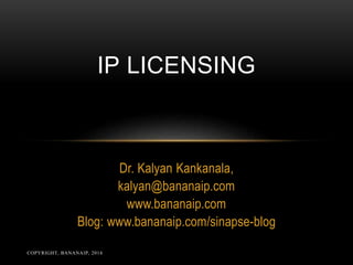 COPYRIGHT, BANANAIP, 2014
Dr. Kalyan Kankanala,
kalyan@bananaip.com
www.bananaip.com
Blog: www.bananaip.com/sinapse-blog
IP LICENSING
 