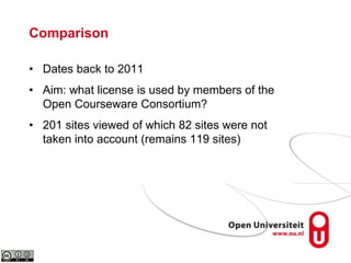 Comparison
• Dates back to 2011
• Aim: what license is used by members of the
Open Courseware Consortium?
• 201 sites viewed of which 82 sites were not
taken into account (remains 119 sites)
 