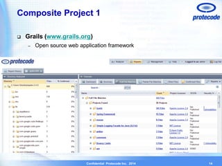 Composite Project 1 
 Grails (www.grails.org) 
– Open source web application framework 
Confidential Protecode Inc. 2014 
14 
 