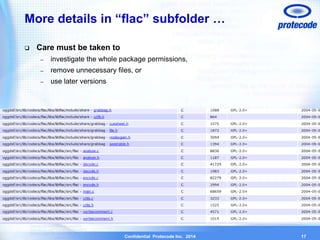 More details in “flac” subfolder … 
Confidential Protecode Inc. 2014 
 Care must be taken to 
– investigate the whole package permissions, 
– remove unnecessary files, or 
– use later versions 
17 
 
