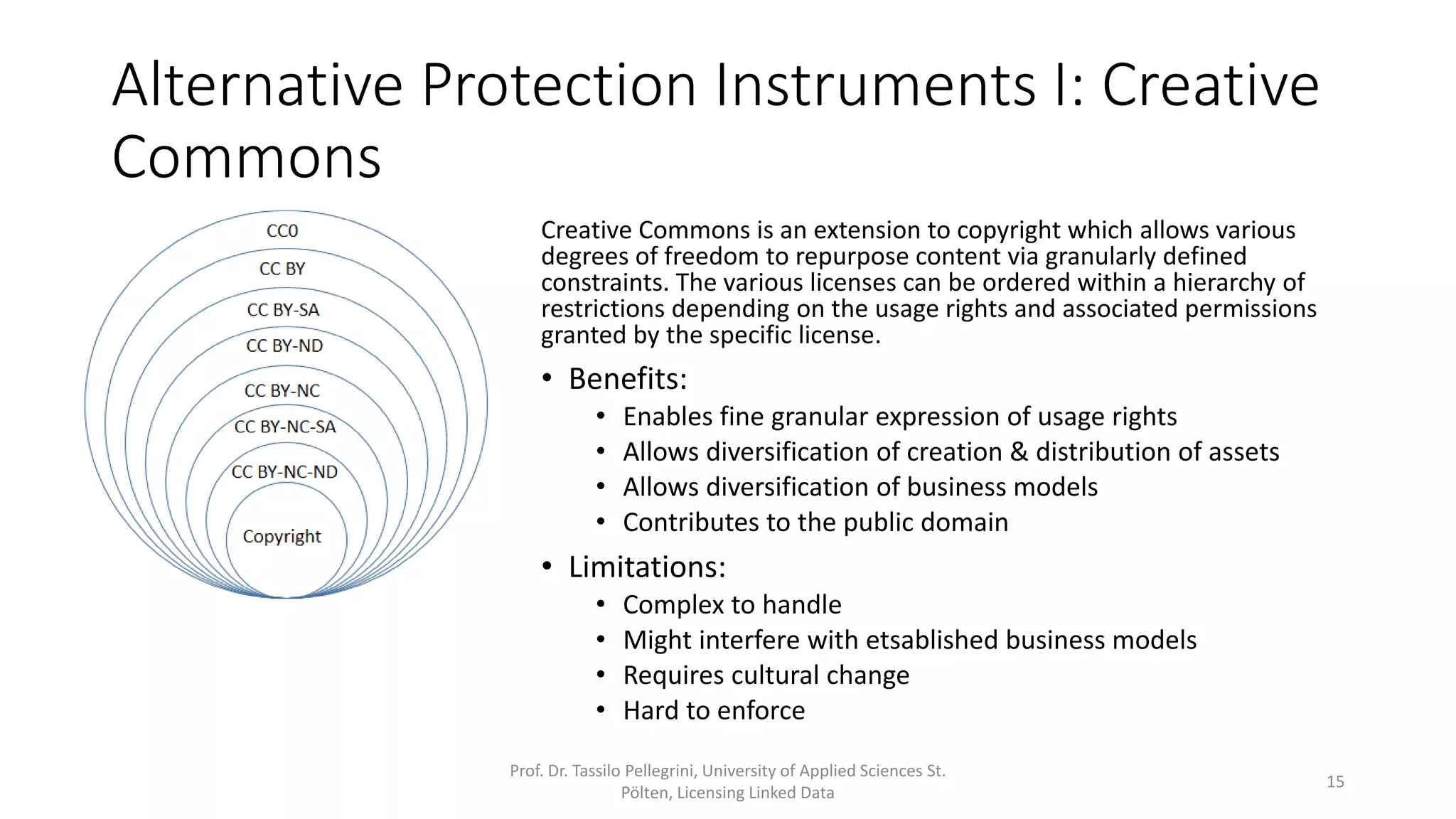 Alternative Protection Instruments I: Creative
Commons
Prof. Dr. Tassilo Pellegrini, University of Applied Sciences St.
Pölten, Licensing Linked Data
15
Creative Commons is an extension to copyright which allows various
degrees of freedom to repurpose content via granularly defined
constraints. The various licenses can be ordered within a hierarchy of
restrictions depending on the usage rights and associated permissions
granted by the specific license.
• Benefits:
• Enables fine granular expression of usage rights
• Allows diversification of creation & distribution of assets
• Allows diversification of business models
• Contributes to the public domain
• Limitations:
• Complex to handle
• Might interfere with etsablished business models
• Requires cultural change
• Hard to enforce
 