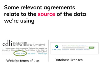 Some relevant agreements
relate to the source of the data
we’re using
Website terms of use Database licenses
 