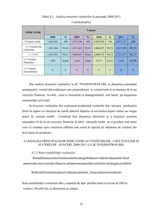 Tabel 4.3. Analiza structurii veniturilor în perioada 2008-2011
                                             ( sursă proprie)

                                                            Valoare
   INDICATOR
                           2008       %        2009         %         2010      %        2011       %
 1.Venituri totale       1.682.041    100    1.873.108     100     2.085.950   100     2.831.331   100
   1.1 Venituri din
 exploatare
                         1.681.040   99,94   1.871.463     99,91   2.080.673   99,75   2.823.990   99,74
     1.1.1 CA            1.651.952   98,21   1.866.647     99,66   2.080.175   99,72   2.721.877   96,13
 1.2 Venituri
 financiare
                           1.001     0,060    1.645        0,088      5.277    0,253    7.341      0,259

 1.3 Venituri
 extraordinare
                             0         0         0          0          0        0         0         0



      Din analiza structurii veniturilor la SC PANZOOTRAS SRL in dinamica constatăm
urmatoarele: venitul din exploatare este preponderent in venitul total si se manţine de la un
exerciţiu financiar la altul , ceea ce inseamnă ca managementul este bazat pe asigurarea
continuităţii activitaţii.
      In structura veniturilor din exploatare predomină veniturile din vanzarea produselor
finite în raport cu vănzarea de marfă datorită faptului că societatea deţine numai un singur
punct de vanzare marfă . Urmărind însa dinamica vănzarilor şi a structurii acestora
constatăm că de la un exerciţiu financiar la altul vănzarile totale au o pondere mai mare
ceea ce conduce spre concluzia căfirma este axată în special pe obţinerea de venituri din
activitatea de producţie .

 4.2ANALIZA PRINCIPALILOR INDICATORI AI VENITURILOR , CHELTUIELIOR SI
         AI CIFREI DE AFACERI ,2008-2011 LA SC PANZOOTRAS SRL

         4.2.1 Rata rentabilităţii veniturilor
          Rentabilitateaveniturilormăsoarăeficienţaglobalăaactivităţiidesfăşuratede firmă
 peperioada unui exerciţiu financiar prinprismacapacităţiiveniturilor deadegaja profitbrut.

         Reflectăeficienţaintregiiactivităţi(deexploatare, financiarăşiextraordinară).


Rata rentabilităţii veniturilor (Rv), exprimă de fapt profitul total ce revine la 100 lei
venituri. Nivelul său se determină cu relaţia:




                                                      73
 