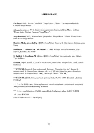 5.BIBLIOGRAFIE



Rus Ioan ( 2010 ) Bazele Contabiliţii ,Tărgu-Mures ,Editura “Universitatea Dimitrie
Cantemir Targu Mures”.

Mircea Simionescu( 2010) Analiză microeconomica financiară,Tărgu-Mures ,Editura
“Universitatea Dimitrie Cantemir Targu Mures”.

Neag Ramona ( 2010 ) Contabilitate Aprofundata ,Tărgu-Mures ,Editura “Universitatea
Petru Maior Targu Mures”

Dumitru Matiş, Atanasiu Pop ( 2007) ,Contabilitate financiară, Cluj-Napoca ,Editura Alma
Mater

Bătrâncea I., Dumbravă P., Bătrâncea L. ( 2006) ,Bilanţul entităţii economice, Cluj-
Napoca, Editura Alma Mater

N. Tabără, E. Horobnea, M. Mircea ( 2009) ,Contabilitate internaţionala, Iaşi, Editura
Tipo Moldova,

Pantea  I., Pop A. (coord.) ( 2009) ,Contabilitatea financiară a întreprinderii, Deva ,Editura
Intelcredo

***CECCAR,Standarde Internaţionale de Raportare Financiară, inclusiv Standarde
Internaţionale de Contabilitate şi Interpretări la 01.01.2006/ Consiliul pentru Standarde
Internaţionale de Contabilitate ( 2006) , Bucureşti, Editura CECCAR,

***CECCAR. (2010). Ghid practic de aplicare O.M.F.P.3055 /2009 ,Bucuresti , Editura
CECCAR

*** O.M.F.P.3055 /2009 , Noile reglementari contabile conforme cu directivele europene (
2009),Bucureşti,Editura Publishing România

*** Legea contabilităţii nr.82/1991, cu modificările ulterioare aduse de OG 70/2004
 şi Legea 420/2004
www.scribd.com/doc/37290185( nd)




                                              83
 