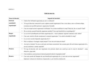 ANEXA 1

                                                                Ghid de interviu


Teme de discuție                                                     Sugestii de întrebări
Istoricul          •   Când a fost înființată organizația pe care o conduceți?
constituirii       •   Vă rog să descrieți contextul în care a apărut această organizație (Cine a avut ideea, cum s-a format echipa,
organizației           existența unor posibili parteneri, organizarea formală).
                   •   Care era scopul acestei organizații la înființare? Au existat modificări în timp? Dacă da, din ce cauză? Când?
                   •   De ce ați ales această formă de organizare juridică? Care sunt beneficiile și constrângerile?
Despre             •   La ce nivel își desfășoară activitatea organizația dvs. - local/ județean/ regional/ național, rural/ urban?
organizație        •   Care sunt valorile oficiale menționate în statutul organizației ? Au suferit schimbări în timp?
                   •   La ce nevoi sociale răspunde organizația dvs.?
                   •   Prin ce mijloace vă atingeți scopul propus? Care este activitatea de bază?
                   •   Asociații și fundații: În ceea ce privește activitatea economică, face aceasta parte din activitatea organizației dvs.,
                       sau ați constituit o unitate separată?
Proiecte           •   Vă rog să descrieți cele mai importante trei proiecte (dacă este cazul) pe care le aveți în derulare? - scop,
                       obiective, grup țintă.
                   •   Cum urmăresc aceste proiecte interesul general/colectiv/al grupului țintă?
Resurse            •   Care sunt sursele de finanțare de care beneficiază organizația dvs. și care este cea mai importantă?
                       Opțional, în funcție de detalierea răspunsului, se pot întreba următoarele:
 