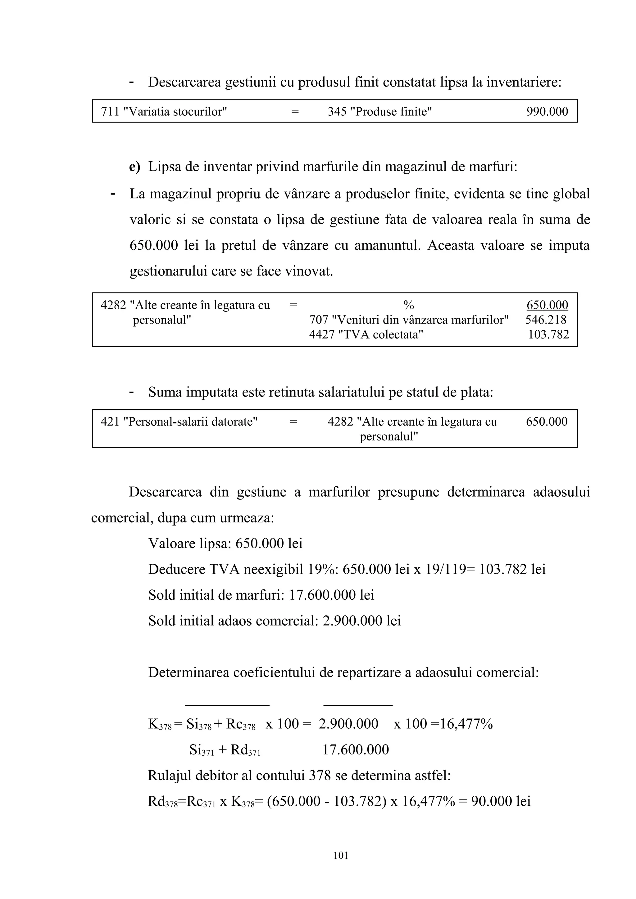 - Descarcarea gestiunii cu produsul finit constatat lipsa la inventariere:
e) Lipsa de inventar privind marfurile din magazinul de marfuri:
- La magazinul propriu de vânzare a produselor finite, evidenta se tine global
valoric si se constata o lipsa de gestiune fata de valoarea reala în suma de
650.000 lei la pretul de vânzare cu amanuntul. Aceasta valoare se imputa
gestionarului care se face vinovat.
- Suma imputata este retinuta salariatului pe statul de plata:
Descarcarea din gestiune a marfurilor presupune determinarea adaosului
comercial, dupa cum urmeaza:
Valoare lipsa: 650.000 lei
Deducere TVA neexigibil 19%: 650.000 lei x 19/119= 103.782 lei
Sold initial de marfuri: 17.600.000 lei
Sold initial adaos comercial: 2.900.000 lei
Determinarea coeficientului de repartizare a adaosului comercial:
K378 = Si378 + Rc378 x 100 = 2.900.000 x 100 =16,477%
Si371 + Rd371 17.600.000
Rulajul debitor al contului 378 se determina astfel:
Rd378=Rc371 x K378= (650.000 - 103.782) x 16,477% = 90.000 lei
711 "Variatia stocurilor" = 345 "Produse finite" 990.000
4282 "Alte creante în legatura cu = % 650.000
personalul" 707 "Venituri din vânzarea marfurilor" 546.218
4427 "TVA colectata" 103.782
421 "Personal-salarii datorate" = 4282 "Alte creante în legatura cu 650.000
personalul"
101
 