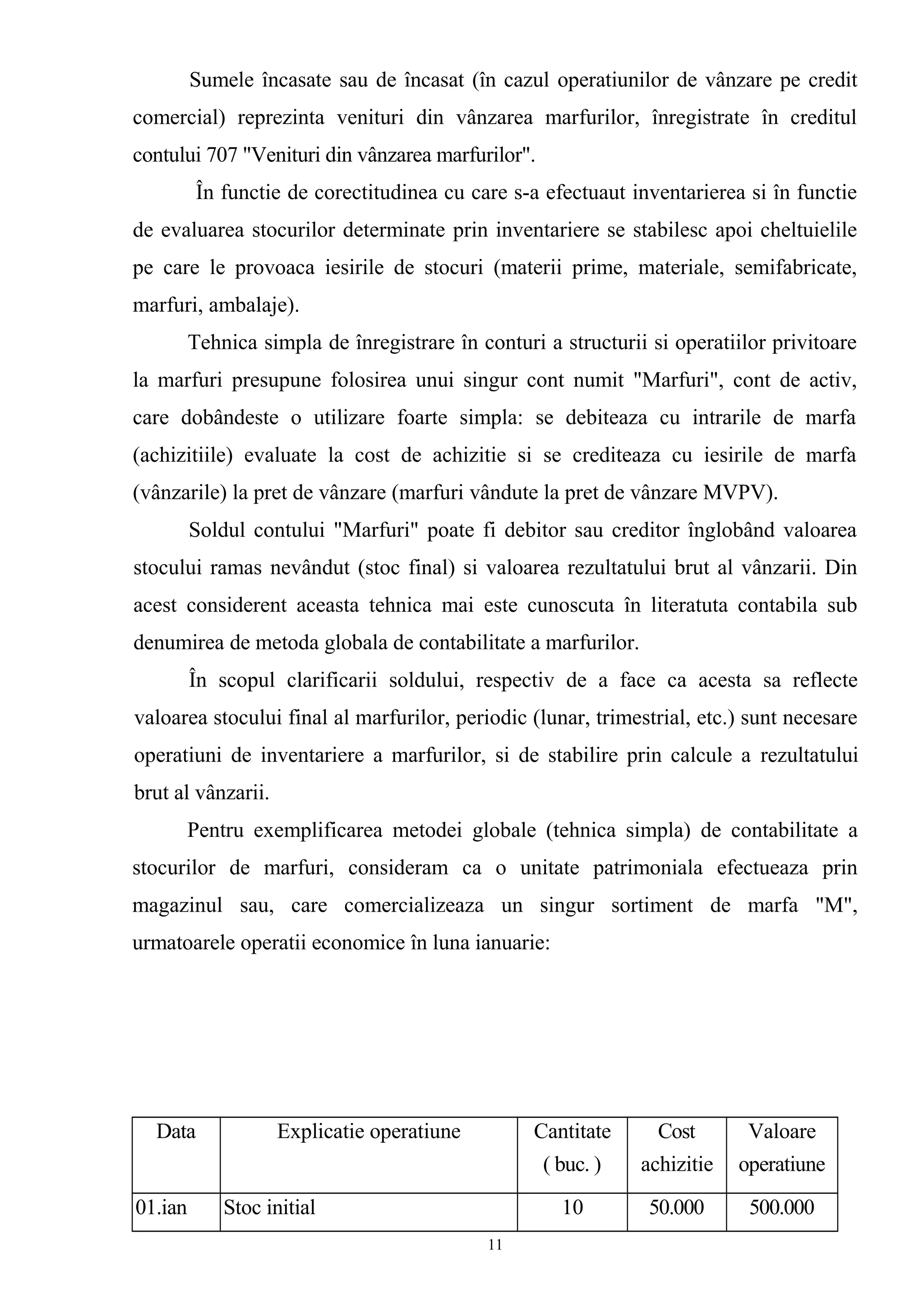 Sumele încasate sau de încasat (în cazul operatiunilor de vânzare pe credit
comercial) reprezinta venituri din vânzarea marfurilor, înregistrate în creditul
contului 707 "Venituri din vânzarea marfurilor".
În functie de corectitudinea cu care s-a efectuaut inventarierea si în functie
de evaluarea stocurilor determinate prin inventariere se stabilesc apoi cheltuielile
pe care le provoaca iesirile de stocuri (materii prime, materiale, semifabricate,
marfuri, ambalaje).
Tehnica simpla de înregistrare în conturi a structurii si operatiilor privitoare
la marfuri presupune folosirea unui singur cont numit "Marfuri", cont de activ,
care dobândeste o utilizare foarte simpla: se debiteaza cu intrarile de marfa
(achizitiile) evaluate la cost de achizitie si se crediteaza cu iesirile de marfa
(vânzarile) la pret de vânzare (marfuri vândute la pret de vânzare MVPV).
Soldul contului "Marfuri" poate fi debitor sau creditor înglobând valoarea
stocului ramas nevândut (stoc final) si valoarea rezultatului brut al vânzarii. Din
acest considerent aceasta tehnica mai este cunoscuta în literatuta contabila sub
denumirea de metoda globala de contabilitate a marfurilor.
În scopul clarificarii soldului, respectiv de a face ca acesta sa reflecte
valoarea stocului final al marfurilor, periodic (lunar, trimestrial, etc.) sunt necesare
operatiuni de inventariere a marfurilor, si de stabilire prin calcule a rezultatului
brut al vânzarii.
Pentru exemplificarea metodei globale (tehnica simpla) de contabilitate a
stocurilor de marfuri, consideram ca o unitate patrimoniala efectueaza prin
magazinul sau, care comercializeaza un singur sortiment de marfa "M",
urmatoarele operatii economice în luna ianuarie:
Data Explicatie operatiune Cantitate Cost Valoare
( buc. ) achizitie operatiune
01.ian Stoc initial 10 50.000 500.000
11
 