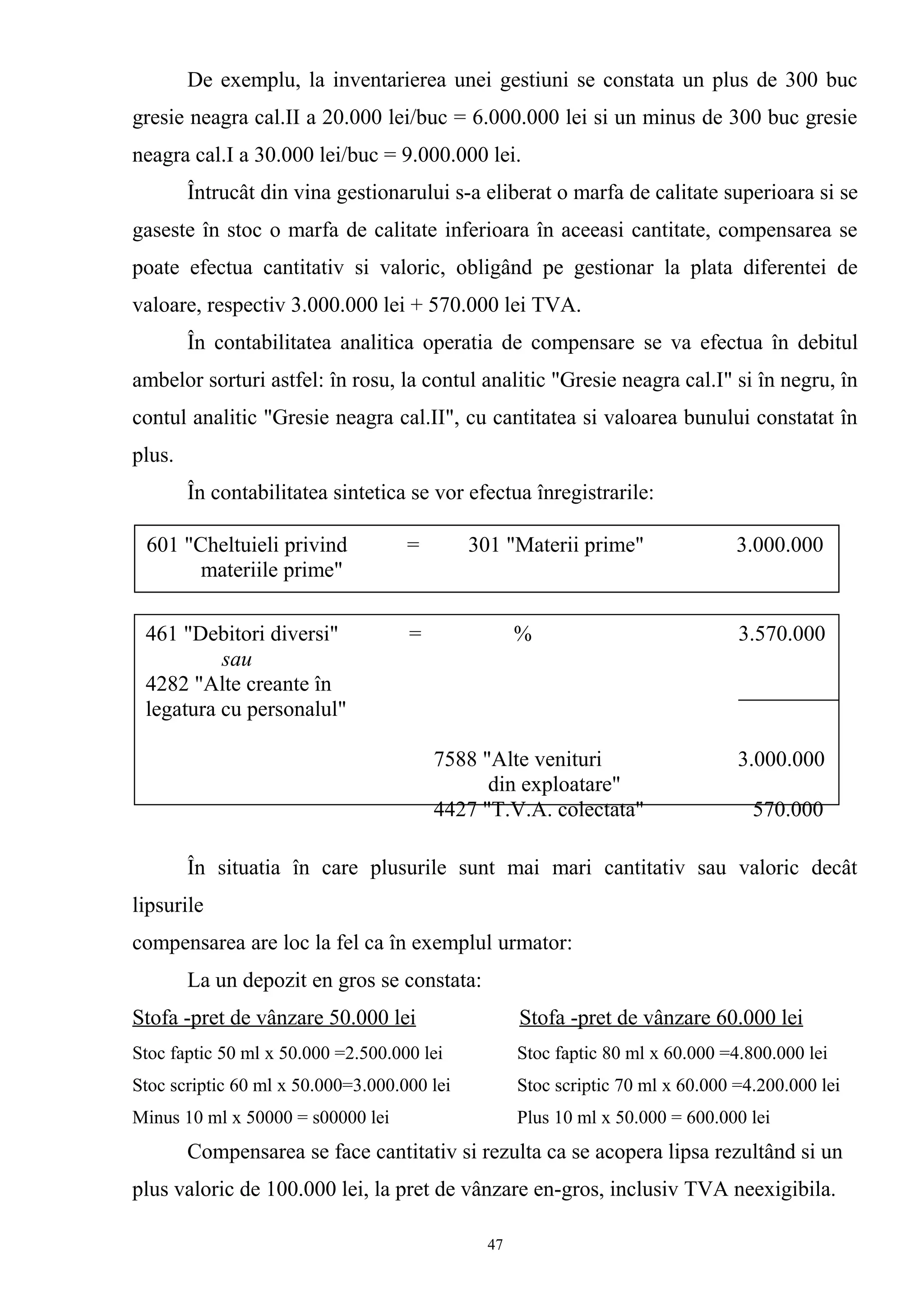 De exemplu, la inventarierea unei gestiuni se constata un plus de 300 buc
gresie neagra cal.II a 20.000 lei/buc = 6.000.000 lei si un minus de 300 buc gresie
neagra cal.I a 30.000 lei/buc = 9.000.000 lei.
Întrucât din vina gestionarului s-a eliberat o marfa de calitate superioara si se
gaseste în stoc o marfa de calitate inferioara în aceeasi cantitate, compensarea se
poate efectua cantitativ si valoric, obligând pe gestionar la plata diferentei de
valoare, respectiv 3.000.000 lei + 570.000 lei TVA.
În contabilitatea analitica operatia de compensare se va efectua în debitul
ambelor sorturi astfel: în rosu, la contul analitic "Gresie neagra cal.I" si în negru, în
contul analitic "Gresie neagra cal.II", cu cantitatea si valoarea bunului constatat în
plus.
În contabilitatea sintetica se vor efectua înregistrarile:
În situatia în care plusurile sunt mai mari cantitativ sau valoric decât
lipsurile
compensarea are loc la fel ca în exemplul urmator:
La un depozit en gros se constata:
Stofa -pret de vânzare 50.000 lei Stofa -pret de vânzare 60.000 lei
Stoc faptic 50 ml x 50.000 =2.500.000 lei Stoc faptic 80 ml x 60.000 =4.800.000 lei
Stoc scriptic 60 ml x 50.000=3.000.000 lei Stoc scriptic 70 ml x 60.000 =4.200.000 lei
Minus 10 ml x 50000 = s00000 lei Plus 10 ml x 50.000 = 600.000 lei
Compensarea se face cantitativ si rezulta ca se acopera lipsa rezultând si un
plus valoric de 100.000 lei, la pret de vânzare en-gros, inclusiv TVA neexigibila.
601 "Cheltuieli privind = 301 "Materii prime" 3.000.000
materiile prime"
461 "Debitori diversi" = % 3.570.000
sau
4282 "Alte creante în
legatura cu personalul"
7588 "Alte venituri 3.000.000
din exploatare"
4427 "T.V.A. colectata" 570.000
47
 