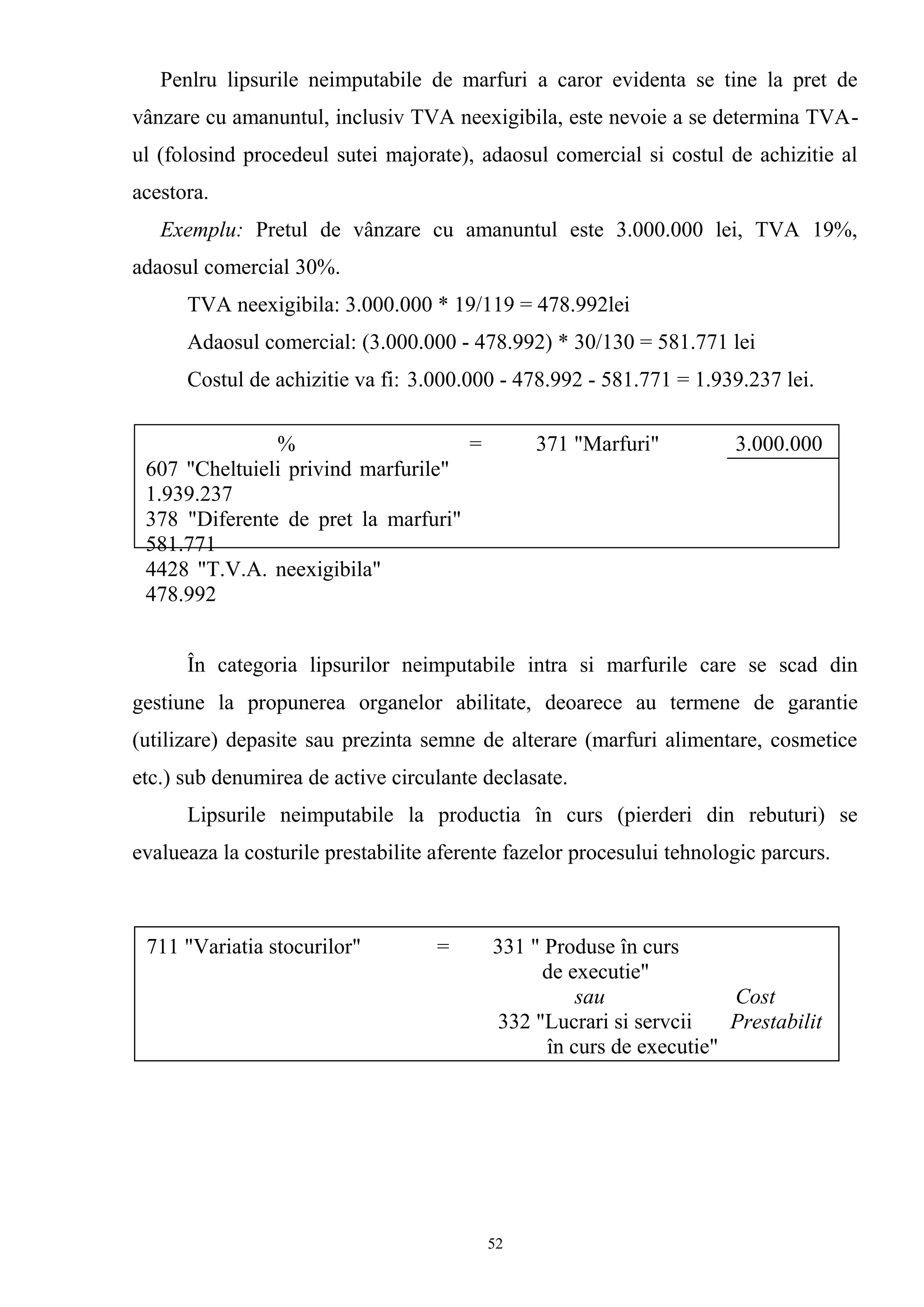 Penlru lipsurile neimputabile de marfuri a caror evidenta se tine la pret de
vânzare cu amanuntul, inclusiv TVA neexigibila, este nevoie a se determina TVA-
ul (folosind procedeul sutei majorate), adaosul comercial si costul de achizitie al
acestora.
Exemplu: Pretul de vânzare cu amanuntul este 3.000.000 lei, TVA 19%,
adaosul comercial 30%.
TVA neexigibila: 3.000.000 * 19/119 = 478.992lei
Adaosul comercial: (3.000.000 - 478.992) * 30/130 = 581.771 lei
Costul de achizitie va fi: 3.000.000 - 478.992 - 581.771 = 1.939.237 lei.
În categoria lipsurilor neimputabile intra si marfurile care se scad din
gestiune la propunerea organelor abilitate, deoarece au termene de garantie
(utilizare) depasite sau prezinta semne de alterare (marfuri alimentare, cosmetice
etc.) sub denumirea de active circulante declasate.
Lipsurile neimputabile la productia în curs (pierderi din rebuturi) se
evalueaza la costurile prestabilite aferente fazelor procesului tehnologic parcurs.
% = 371 "Marfuri" 3.000.000
607 "Cheltuieli privind marfurile"
1.939.237
378 "Diferente de pret la marfuri"
581.771
4428 "T.V.A. neexigibila"
478.992
711 "Variatia stocurilor" = 331 " Produse în curs
de executie"
sau Cost
332 "Lucrari si servcii Prestabilit
în curs de executie"
52
 