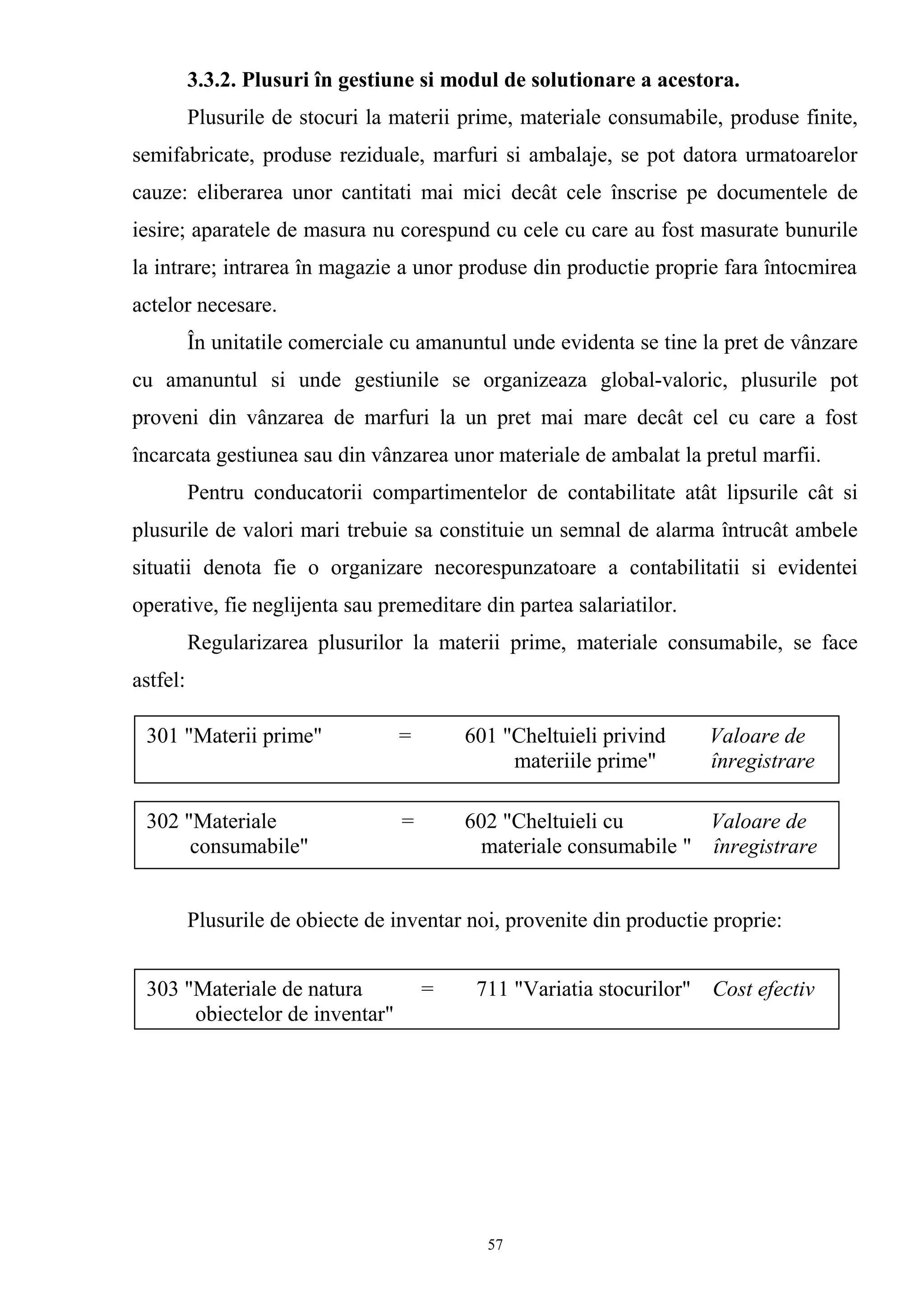 3.3.2. Plusuri în gestiune si modul de solutionare a acestora.
Plusurile de stocuri la materii prime, materiale consumabile, produse finite,
semifabricate, produse reziduale, marfuri si ambalaje, se pot datora urmatoarelor
cauze: eliberarea unor cantitati mai mici decât cele înscrise pe documentele de
iesire; aparatele de masura nu corespund cu cele cu care au fost masurate bunurile
la intrare; intrarea în magazie a unor produse din productie proprie fara întocmirea
actelor necesare.
În unitatile comerciale cu amanuntul unde evidenta se tine la pret de vânzare
cu amanuntul si unde gestiunile se organizeaza global-valoric, plusurile pot
proveni din vânzarea de marfuri la un pret mai mare decât cel cu care a fost
încarcata gestiunea sau din vânzarea unor materiale de ambalat la pretul marfii.
Pentru conducatorii compartimentelor de contabilitate atât lipsurile cât si
plusurile de valori mari trebuie sa constituie un semnal de alarma întrucât ambele
situatii denota fie o organizare necorespunzatoare a contabilitatii si evidentei
operative, fie neglijenta sau premeditare din partea salariatilor.
Regularizarea plusurilor la materii prime, materiale consumabile, se face
astfel:
Plusurile de obiecte de inventar noi, provenite din productie proprie:
301 "Materii prime" = 601 "Cheltuieli privind Valoare de
materiile prime" înregistrare
302 "Materiale = 602 "Cheltuieli cu Valoare de
consumabile" materiale consumabile " înregistrare
303 "Materiale de natura = 711 "Variatia stocurilor" Cost efectiv
obiectelor de inventar"
57
 