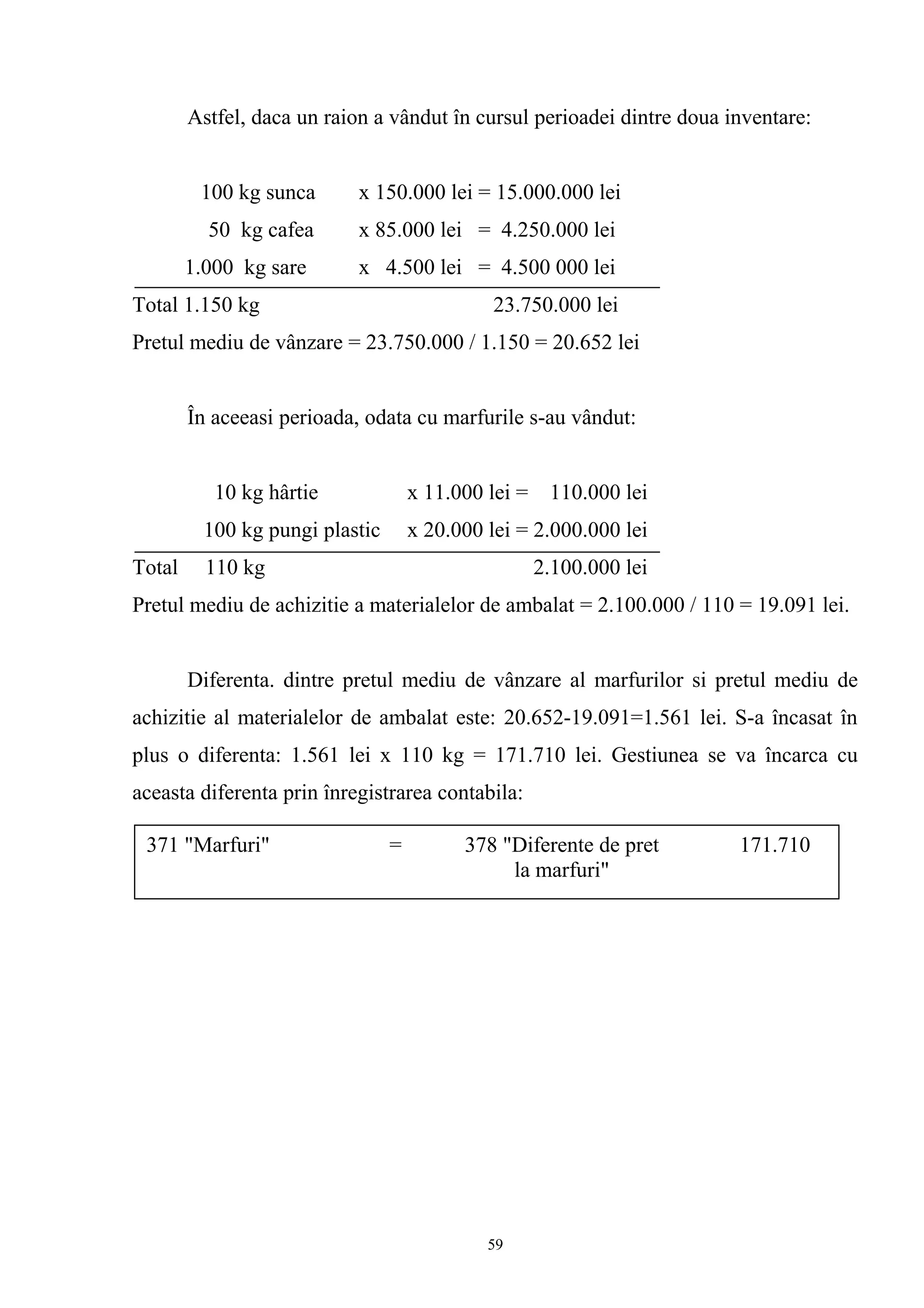Astfel, daca un raion a vândut în cursul perioadei dintre doua inventare:
100 kg sunca x 150.000 lei = 15.000.000 lei
50 kg cafea x 85.000 lei = 4.250.000 lei
1.000 kg sare x 4.500 lei = 4.500 000 lei
Total 1.150 kg 23.750.000 lei
Pretul mediu de vânzare = 23.750.000 / 1.150 = 20.652 lei
În aceeasi perioada, odata cu marfurile s-au vândut:
10 kg hârtie x 11.000 lei = 110.000 lei
100 kg pungi plastic x 20.000 lei = 2.000.000 lei
Total 110 kg 2.100.000 lei
Pretul mediu de achizitie a materialelor de ambalat = 2.100.000 / 110 = 19.091 lei.
Diferenta. dintre pretul mediu de vânzare al marfurilor si pretul mediu de
achizitie al materialelor de ambalat este: 20.652-19.091=1.561 lei. S-a încasat în
plus o diferenta: 1.561 lei x 110 kg = 171.710 lei. Gestiunea se va încarca cu
aceasta diferenta prin înregistrarea contabila:
371 "Marfuri" = 378 "Diferente de pret 171.710
la marfuri"
59
 