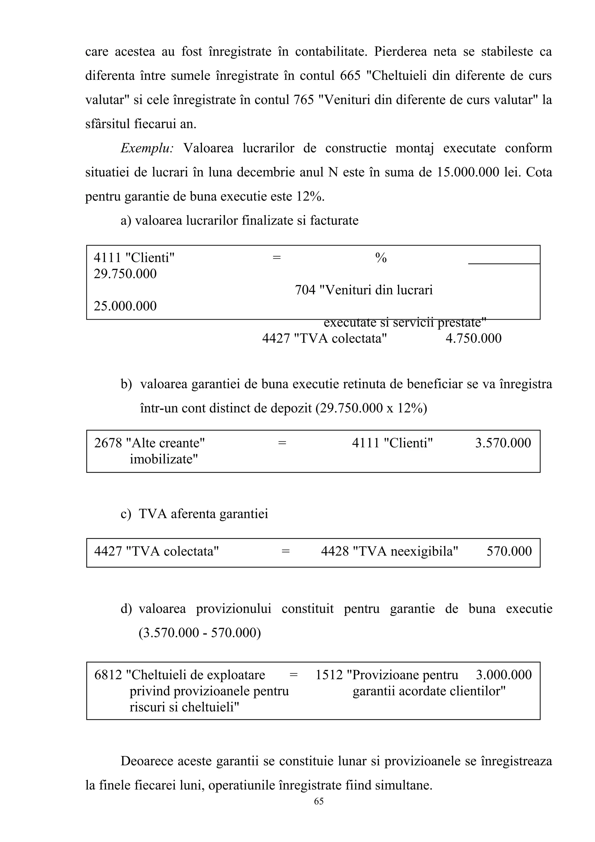 care acestea au fost înregistrate în contabilitate. Pierderea neta se stabileste ca
diferenta între sumele înregistrate în contul 665 "Cheltuieli din diferente de curs
valutar" si cele înregistrate în contul 765 "Venituri din diferente de curs valutar" la
sfârsitul fiecarui an.
Exemplu: Valoarea lucrarilor de constructie montaj executate conform
situatiei de lucrari în luna decembrie anul N este în suma de 15.000.000 lei. Cota
pentru garantie de buna executie este 12%.
a) valoarea lucrarilor finalizate si facturate
b) valoarea garantiei de buna executie retinuta de beneficiar se va înregistra
într-un cont distinct de depozit (29.750.000 x 12%)
c) TVA aferenta garantiei
d) valoarea provizionului constituit pentru garantie de buna executie
(3.570.000 - 570.000)
Deoarece aceste garantii se constituie lunar si provizioanele se înregistreaza
la finele fiecarei luni, operatiunile înregistrate fiind simultane.
4111 "Clienti" = %
29.750.000
704 "Venituri din lucrari
25.000.000
executate si servicii prestate"
4427 "TVA colectata" 4.750.000
2678 "Alte creante" = 4111 "Clienti" 3.570.000
imobilizate"
4427 "TVA colectata" = 4428 "TVA neexigibila" 570.000
6812 "Cheltuieli de exploatare = 1512 "Provizioane pentru 3.000.000
privind provizioanele pentru garantii acordate clientilor"
riscuri si cheltuieli"
65
 